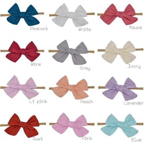 12pcs/lot 4.3inch Hand Tied Solid Bow Headband Fabric Hair Bows Soft Nylon Headband Baby Girl Hair Accessory