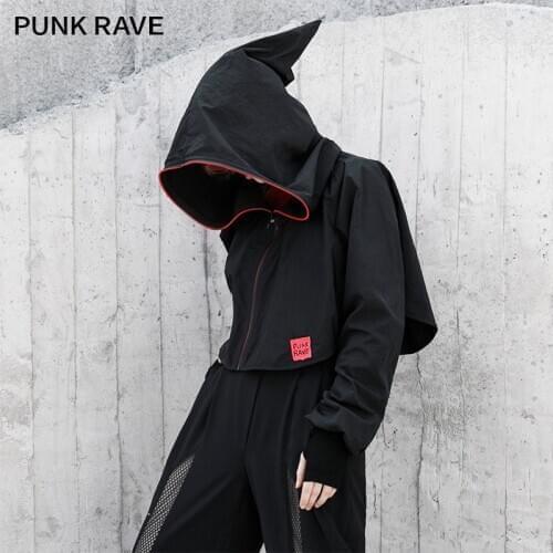 PUNK RAVE Girls Punk Dark Hooded Jacket Cardigan Thin Sunblock Windbreaker Versatile Tide Handsome Women Coat Tops Spring
