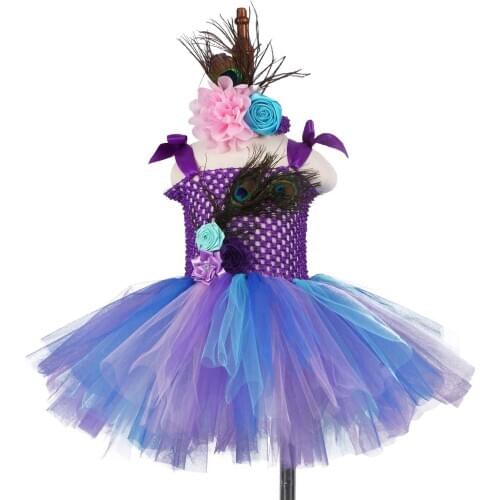 Peacock Flower Girls Tutu Dresses with Headband Purples Peacock Feather Party Dresses for Girls Children Birthday Clothes