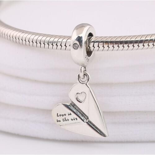 Authentic S925 Silver Heart Paper Plane With Crystal Pendant Hanging Bead Charm for Women Bracelet Bangle DIY Jewelry