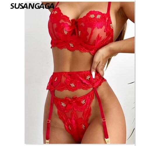 OKKDEY Sensual Lingerie Woman Floral Embroidery Erotic Womens Underwear Underwire Push Up Bra And Thongs Garters 3 Piece Sets
