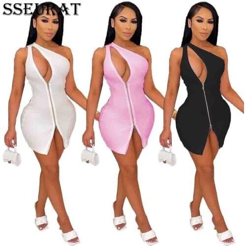 SSEURAT Slash Neck Women Mini Dress Solid Zipper One Shoulder Skinny Activewear 2021 Summer Night Club Party Vestido