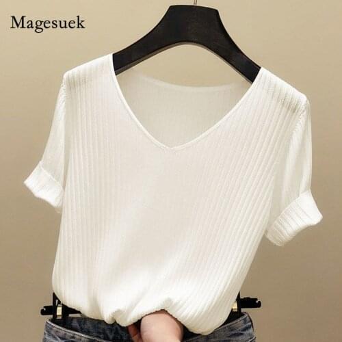 Korean Summer Knitted Tshirt 2021 Short Sleeve New Solid Thin Knit Female Tee Shirt Loose Base Women Tops Casual Shirt 13539