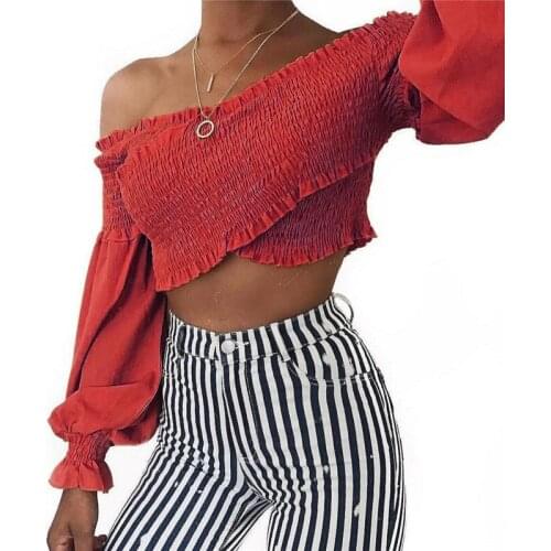 2022 Fashion Slim Top Off the Shoulder Sexy Short T-shirt Women Full Sleeve Crop Female Tee Shirt White Red Black AD494