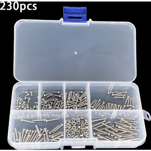 230pcs M2 Screws Nuts Bolts 304 Stainless Steel Hex Socket Button Head cap screw set Assortment Kit small screws Kit Storage Box