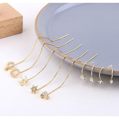 6pcs Copper-plated real gold thin section long ear line crystal zircon love pendant hypoallergenic ear hook Earrings material