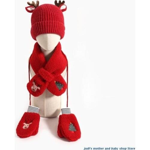 67JC Toddler Kids Christmas 3 Pieces Beanie Hat Plush Long Scarf Gloves Set Cute Reindeer Antlers Knitted Winter Warmer