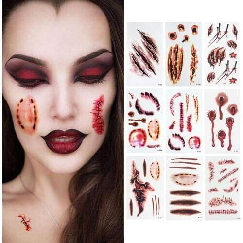 9 Sheets Halloween Scar Tattoo Stickers Bloody Injury Tattoos Stickers for Body Face halloween Masquerade Horror Tattoo Stickers