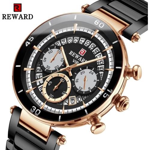 REWARD Men Watches Top Brand Luxury Waterproof Quartz Wristwatch Clock Male Black Stainless Steel Strap Relogio Masculino