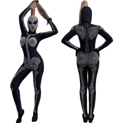 Nightclub Bar Stage dance show Wear Rhinestones Black Jumpsuit Halloween skull costume