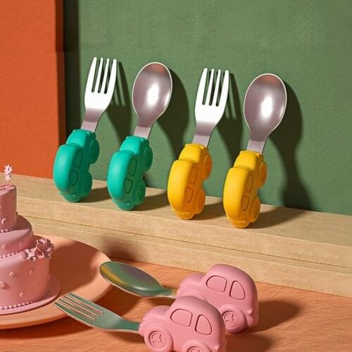 Baby Spoon Fork Set Children Feeding Tableware Silicone Anti-slip Handle Animal Cute Training Spoons Forks Kit Kids Cutlery Set