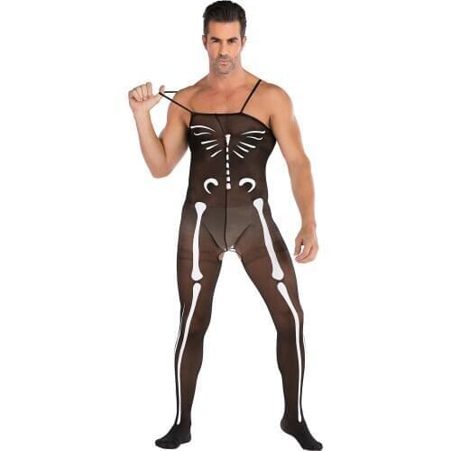 Mens Sexy Crotchless Net Lingeries Jumpsuit Stockings Open Crotch Bodysuit Transparent See Through Open Crotch Fishnet