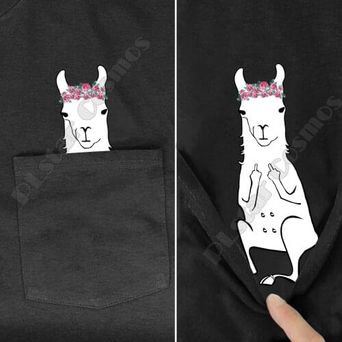 Hippie Pocket Tee T Shirts summer Llama Wearing Flower printed t-shirt men for women tops black cotton funny Short sleeve