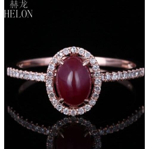 HELON Solid 14K Rose Gold AU585 7x5mm Oval Cut Ruby & Diamonds Engagement Wedding Ring Women Party Fine Jewelry Ring Gift
