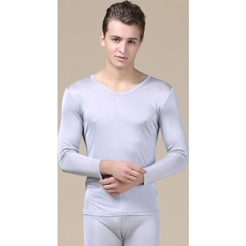 Mens solid V-neck silk double knitted thermal underwear set autumn clothes and pants 9805