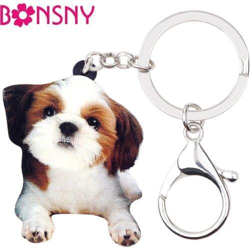 Bonsny Acrylic Sweet Chinese Shih Tzu Dog Key Chains Keychain Ring Cute Animal Jewelry For Women Girls Bag Car Purse Bijoux Gift