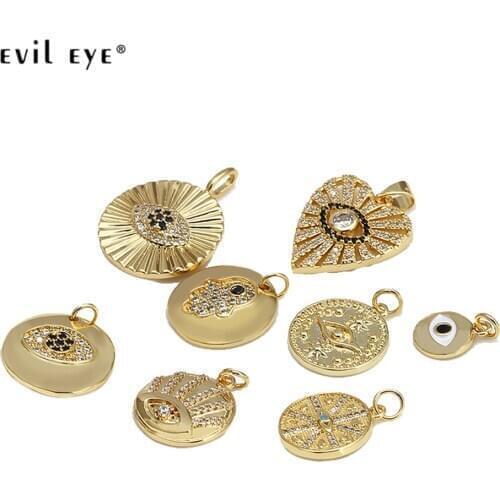 Evil Eye Heart Fatima Hand Turkish Eye Round Pendant Gold Color Copper Pendant Charm for Necklace Bracelet Jewelry Making BE85