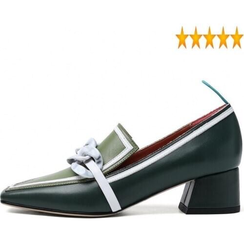 Med Block Elegant Heels Women Square Toe Genuine Leather Slip On Loafers Chain Office Ladies Pumps Work Color Mixed Shoes