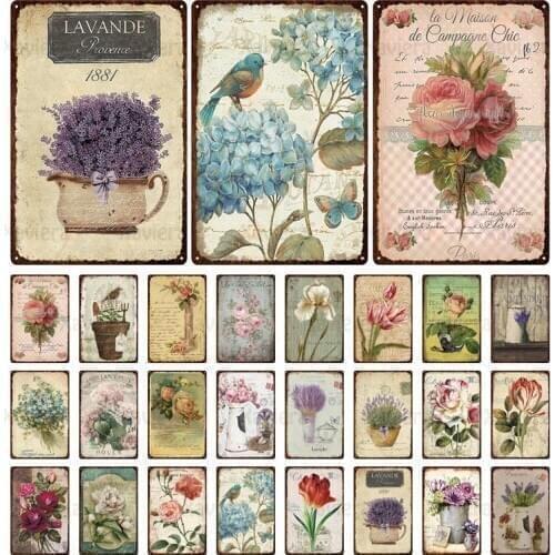 Flower Metal Tin Sign Lavender Rose Retro Plaque Home Decoration Exquisite Chic Wall Stickers Garden Farm Courtyard Iron Plate