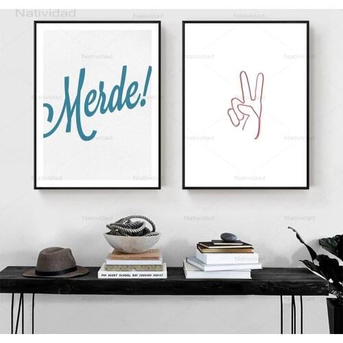 Nordic Simple Blue English Letter Peace Scissors Hand Posters and Prints Canvas Painting Wall Art Pictures for Bedroom Decor