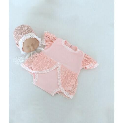 Pink Newborn Lace Girl Romper bonnet Set Photography props Baby girl bonnet Outfit Knitted Baby Lace Overall Photo Props
