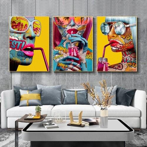 Graffiti Drink Girl Poster Personality Fashion Abstract Woman Print Canvas Art Painting Wall Picture Modern Living Room Decor