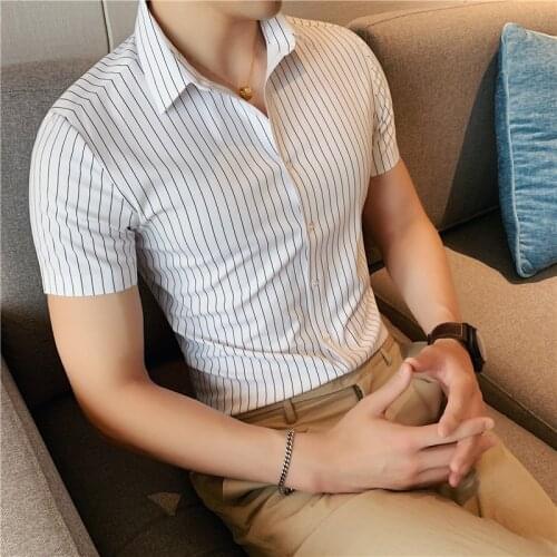 High Quality Luxury Short Sleeve Men Dress Shirts Striped Slim Fit Seamless Glued Non-Iron Business Formal Wear Blouse Homme 3XL