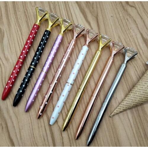 500pcs Big Crystal Diamond Pen Metal Ballpoint Pen Black Ink Ring Wedding Office Metal Ring Roller Ball Pen SN732