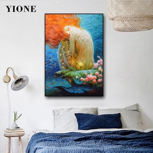 Fairy Tale Mermaid Oil Paintings Nordic Figure Retro Sea Ocean Princess Canvas Art Posters and Prints Wall Pictures for Bedroom