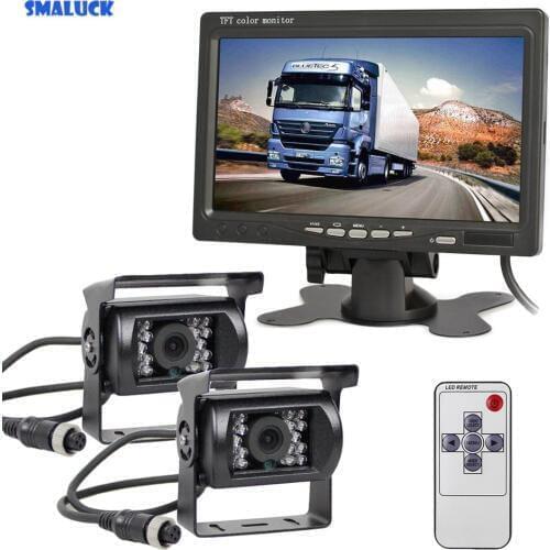 SMALUCK DC 12V - 24V 7" TFT LCD Monitor 2 x 4pin Night Vision CCD Rear View Camera Kit System For Bus Houseboat Truck
