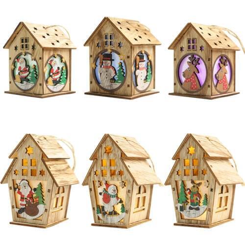 Led Light Wood House Christmas Tree Decoration Elk Santa Clause Snowman Hanging Ornaments Navidad Fairy Light Christmas Gift
