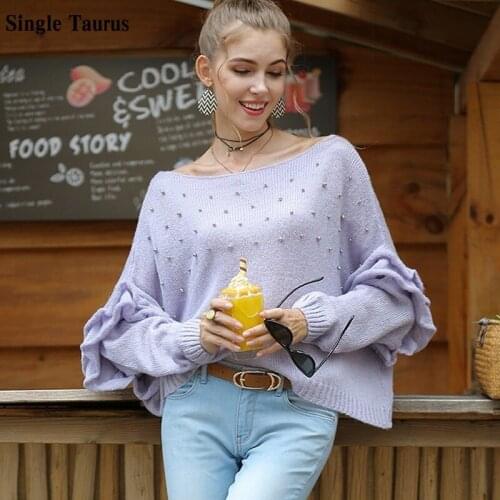 Beaded Sweater Autumn Winter Sweet Flare Sleeve Knitting Top Loose Casual Streetwear Slash Neck Pullover Korean Beading Clothes