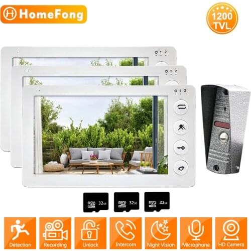 HomeFong 7 Inch Video Door Phone Intercom System for Villa 3 Monitors 1 Doorbell Camera 1200TVL IP65 with Motion Sensor Unlock