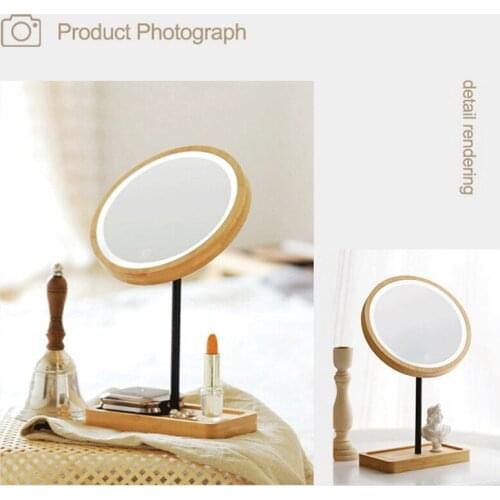 USB Charging Wooden LED Makeup Mirror Desktop Cosmetic Mirror Contact Adjustable Bright Light Beauty Mirror