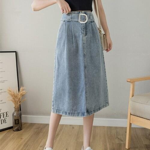 2021 New Denim Womens Umbrella Skirts with Belted Spring Autumn High Waist Blue Jeans Female A-Line Midi Skirts Pockets