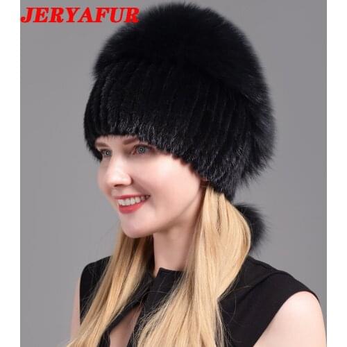 JERYAFUR Womens Fur Hats Fluffy Winter Warm Knitted Natural Mink Fur Hats Fashion Top Hats Womens Natural Fur Hats