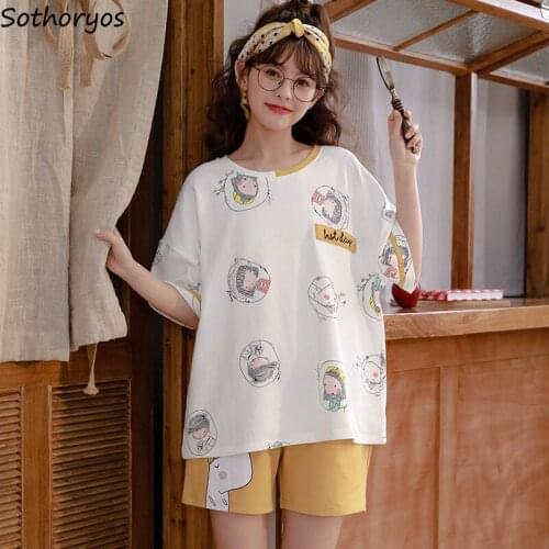 Women Pajama Sets Sleepwear Summer Cotton Cozy Thin O-Neck Kawaii Korean Style Cartoon Lounge Wear Short Sleeve Pajamas Leisure