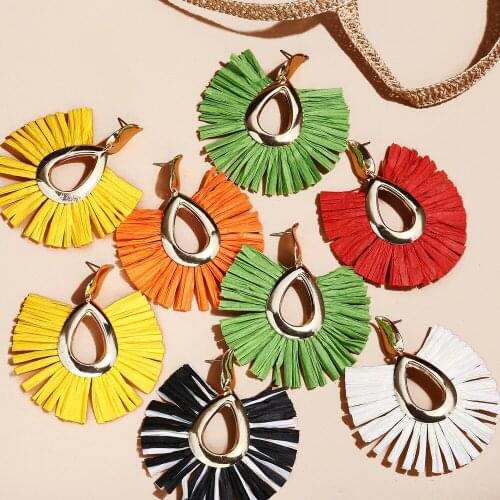 2019 New Bohemia Raffia Tassel Earrings for Women Semicircle Ethnic Resin Stone Statement Stud Earring Female Jewelry Gifts