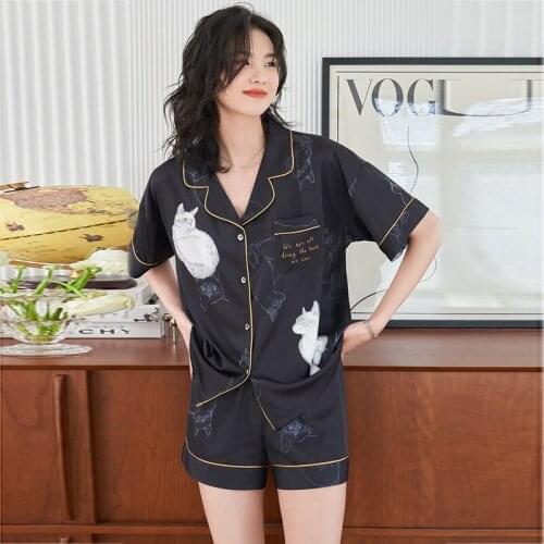 Wasteheart New Black Womens Sleep Nightwear Suits Pajama Sets Sleepwear Printed Suits Faux Silk Plus Size Nightgown 2 Pieces
