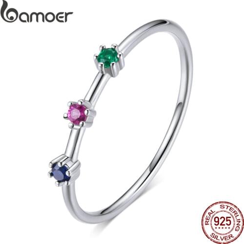 BAMOER 925 Sterling Silver Flower Ring Colorful Zircon Stone for Women Female Cute Finger Rings Romantic Fashion Jewelry SCR715