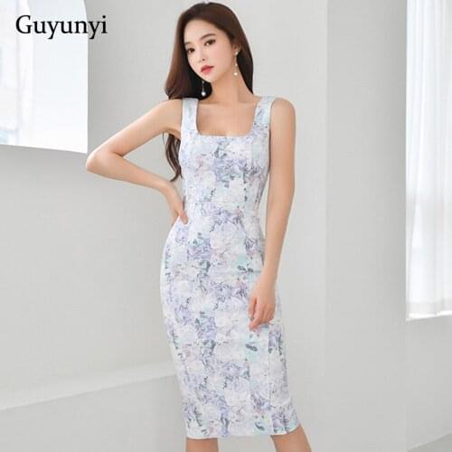 Simple High Waist Tight Dress 2021 Summer Temperament Flower Sleeveless Square Collar Comfortable Elegant Office Lady Dress