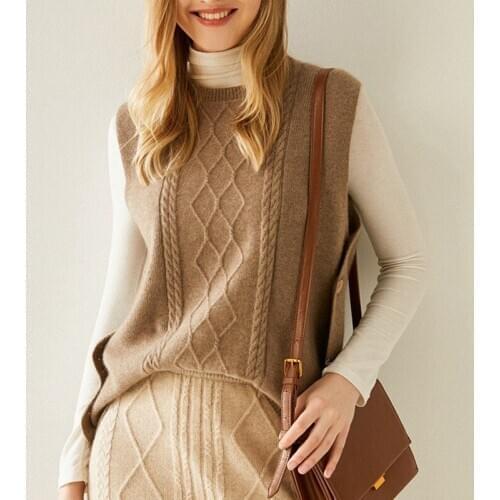 2020 Autumn and Winter New Pure Cashmere Vest Vest Diamond Linen Flower Womens Sleeveless Sweater Sweater round Neck Wear