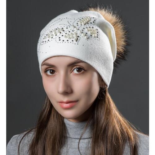 Winter Hat Women Wool Knit Beanie Autumn Raccoon Fur Pompom Pearl Double Layers Headwear Outdoor Skiing Snow Accessory