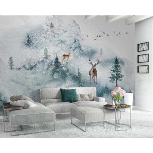 Custom papel de parede 3d wallpaper small fresh minimalist Scandinavian hand-painted elk forest background wall Self Adhesive