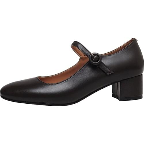 Osunlina Brand Woman Pumps Square To Genuine Leather High Heels Mary Janes Buckle Strap Handmade Office Lady Shoes 2021 New