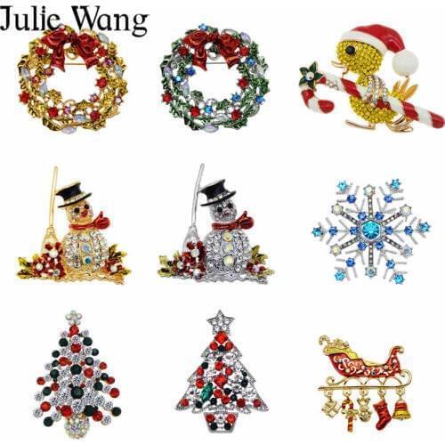 Julie Wang Christmas Brooch Rhinestone Enamel Snowman Snowflake Wreath Fashion New Year Pin Jewelry Clothing Dress Xmas Gift