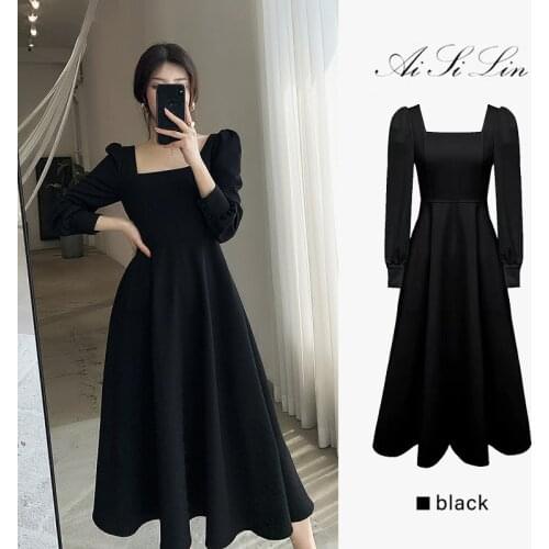 Black Hepburn Dress Womens Fall 2021 New High Waist Thin French Square Collar Long Sleeve Little Black Dress