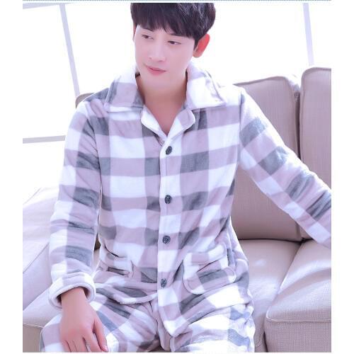 Adult Coral Fleece Homewear Male Winter Warm Nightwears Mens Thickened Flannel Long Sleeve Coral Fleece Suit Plus Size D-2077