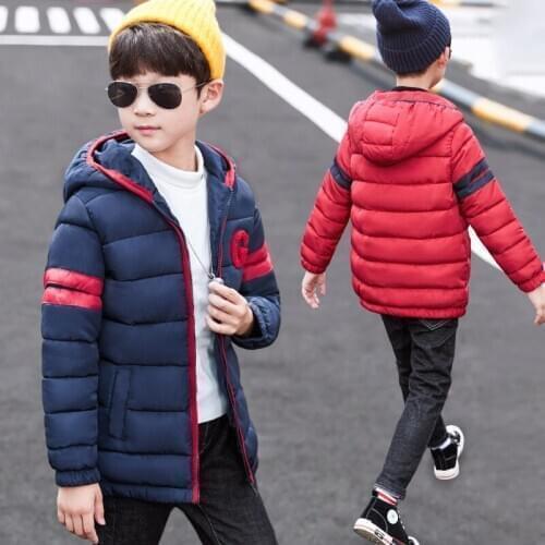 Boys Cotton Jacket Winter Letters Children Plus Velvet Fashion Hooded Solid Color Cotton Jacket Teenagers Jacket Clothes