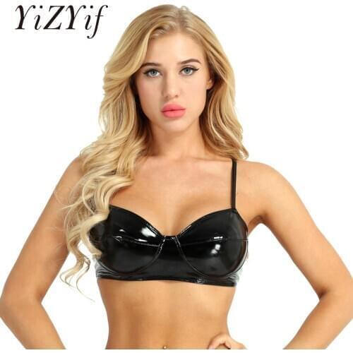 Classic Black Sexy Bra Fashion Wetlook Faux Leather Lingerie Women Wire-free No Pad Bra Top Underwear for Raves Dances Clubwear